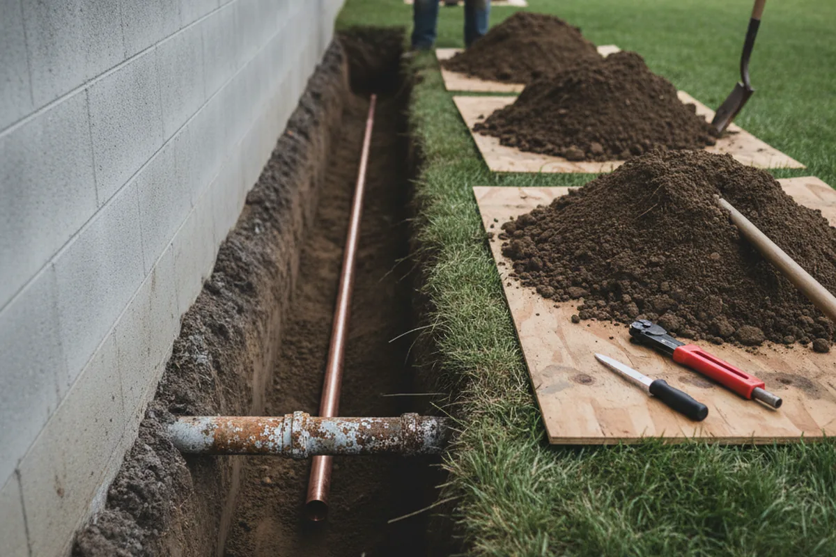 Excavated water line trench during Water Softener Installation in Notrees